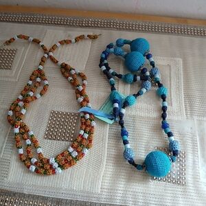 Crochet Bead Necklaces Blue & Brown Handmade In Morocco